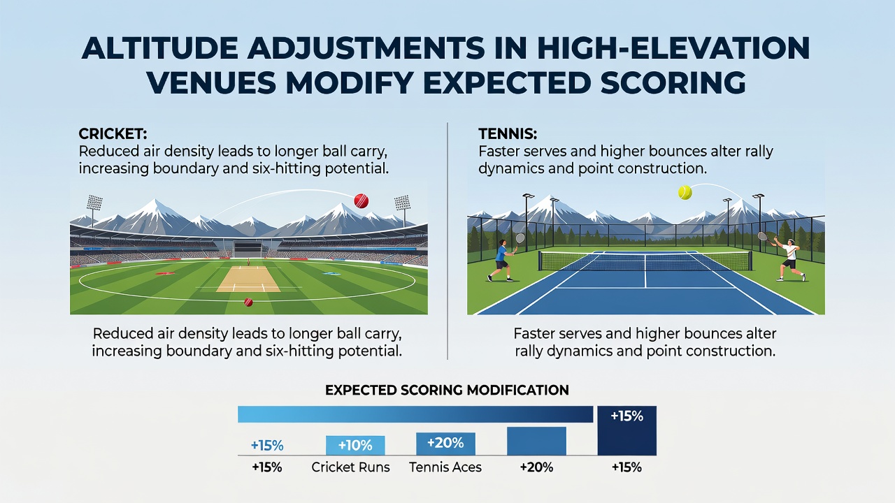 Tennis court at high elevation showing extended ball trajectories during a professional match
