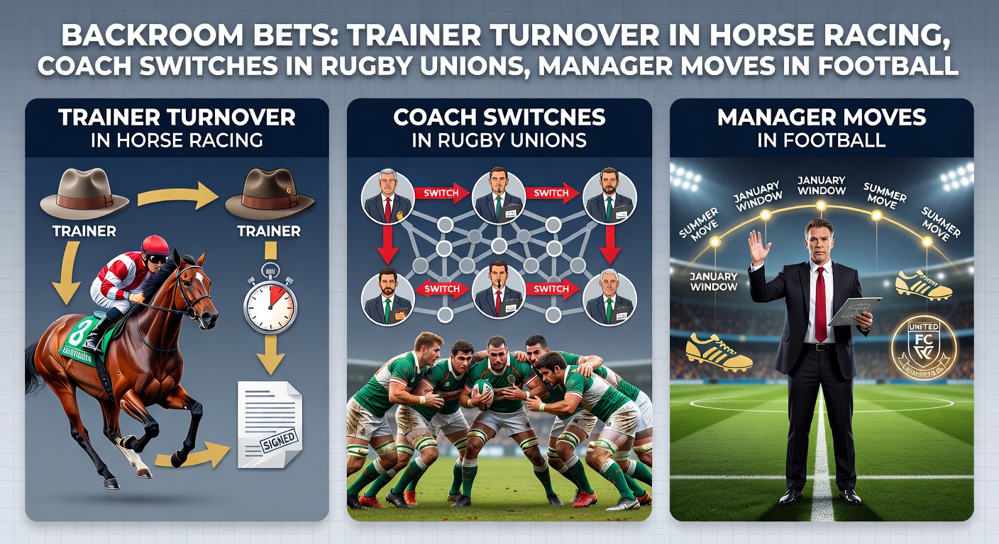 Split scene showing a rugby union coach addressing players in a huddle, a football manager shaking hands with club officials amid speculation, and horse trainers inspecting a horse in a stable, capturing the pivotal moments of personnel changes that jolt betting odds.