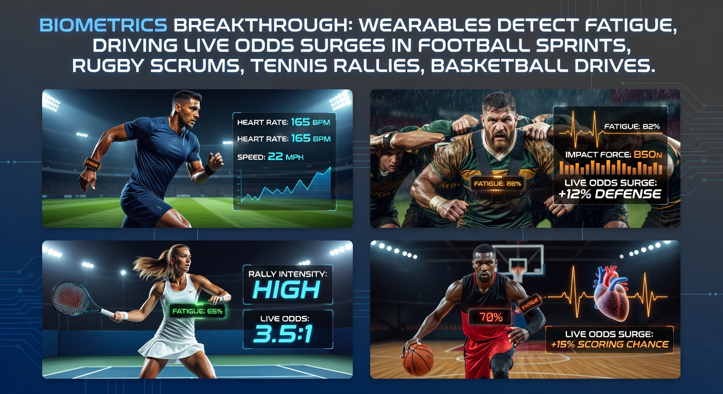 Athlete wearing biometric wearable device during intense rugby scrum, sweat visible, heart rate monitor glowing on wrist