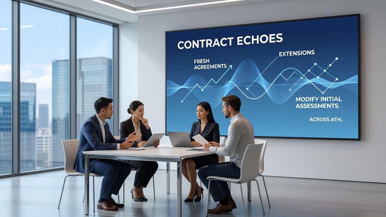 Sports agent reviewing contract documents with athletes in a professional office setting
