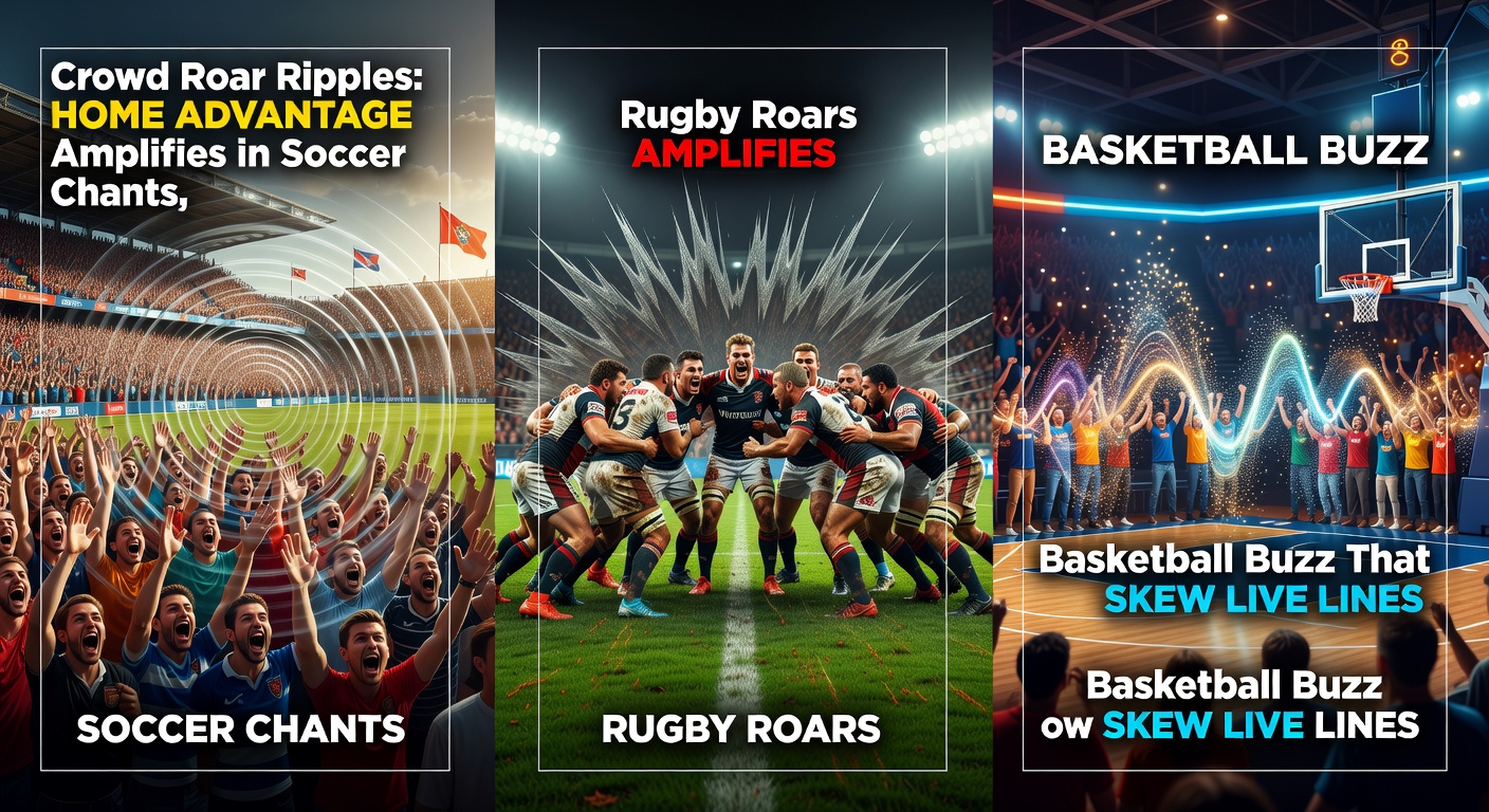 Packed soccer stadium with fans chanting loudly, waves of sound rippling through the pitch as home team gains momentum