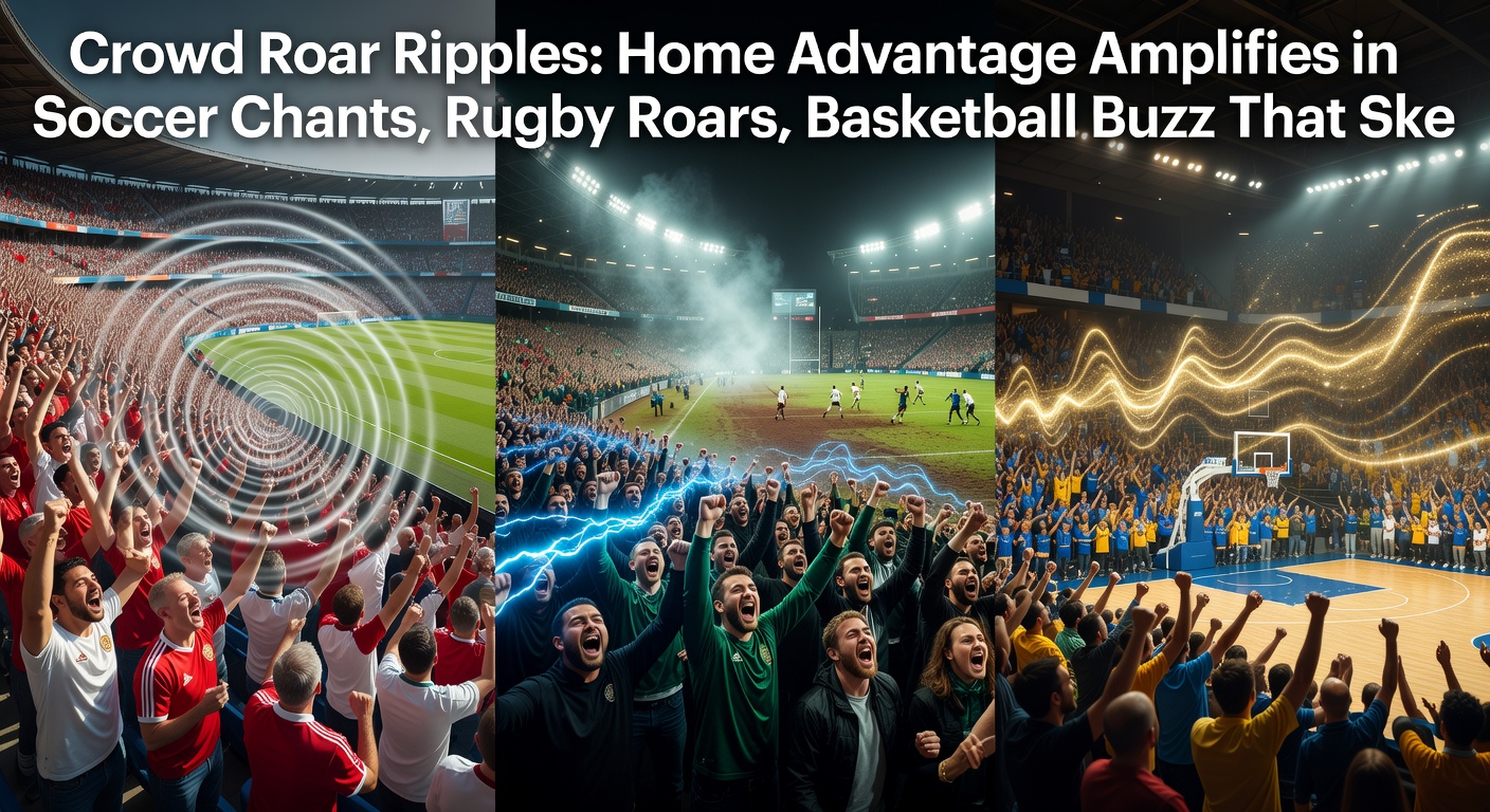 Rugby crowd roaring during a tense scrum, home fans creating an intimidating wall of sound that pressures the away team