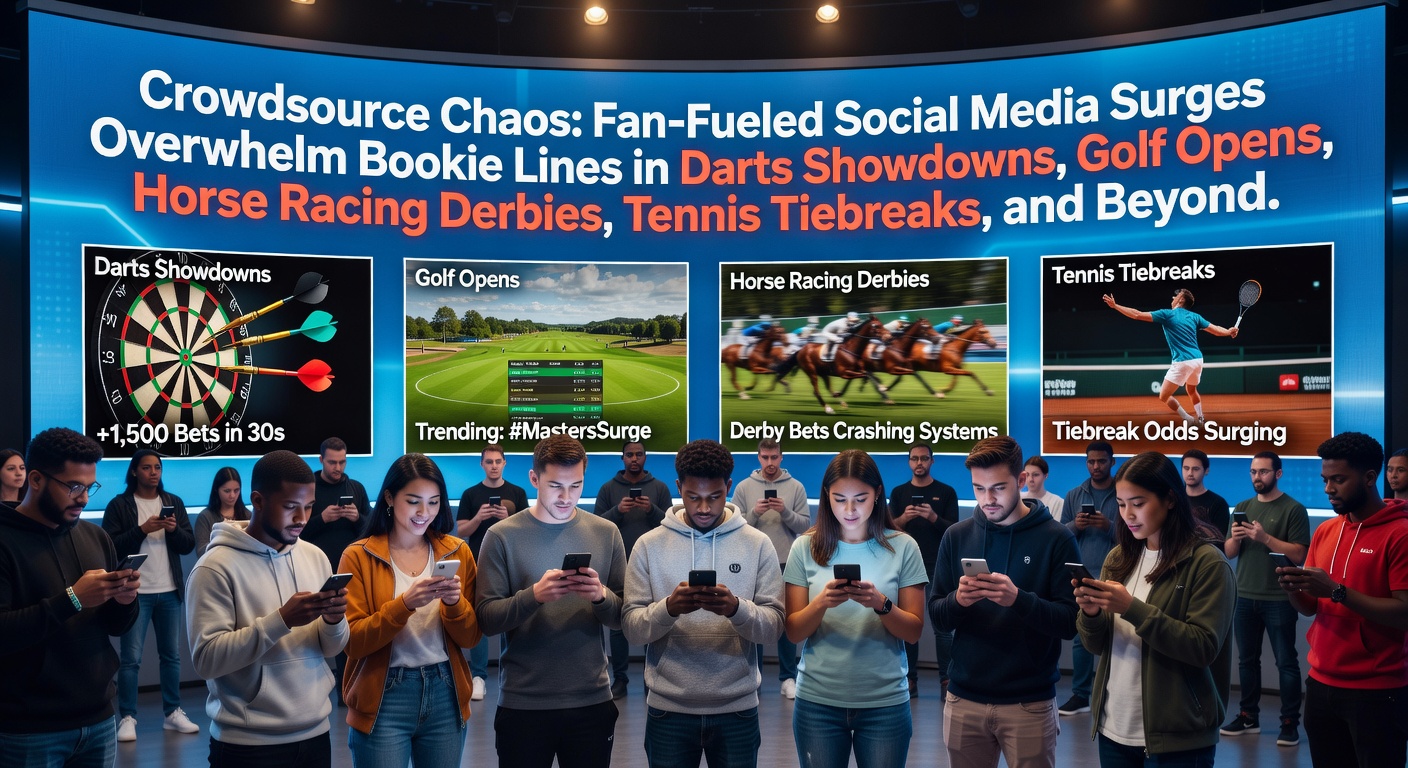 Crowd of excited fans at a high-stakes darts showdown, smartphones raised high as social media notifications explode on screens