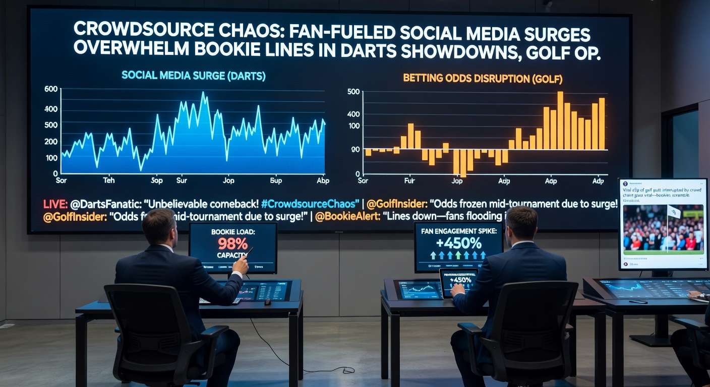 Golfers on a sun-drenched open course, overlaid with exploding social media icons and shifting odds graphics during a fan frenzy