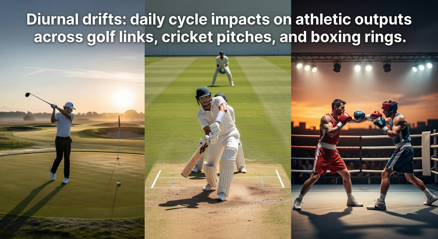 Athletes training at different times of day showing variations in performance on golf courses, cricket fields, and boxing rings