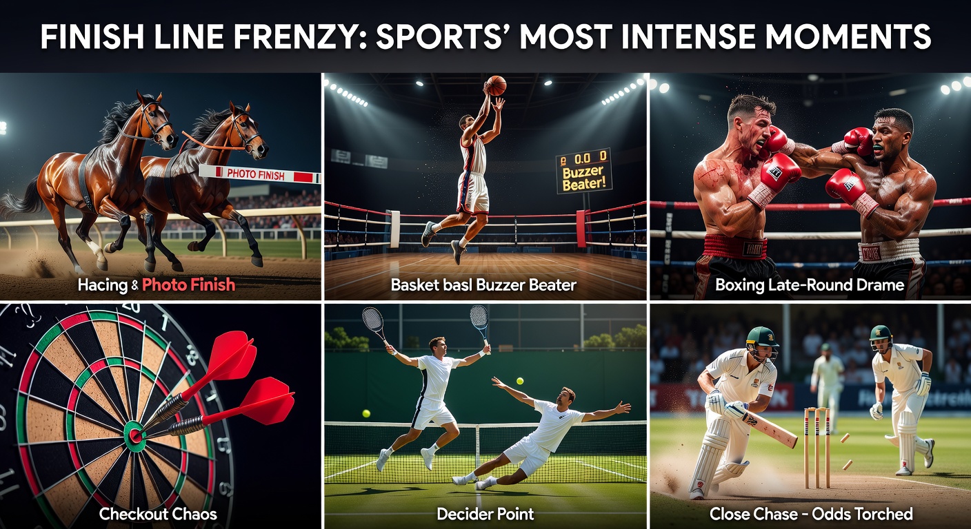 A thrilling horse racing photo finish with jockeys neck-and-neck at the line, crowds roaring in the background