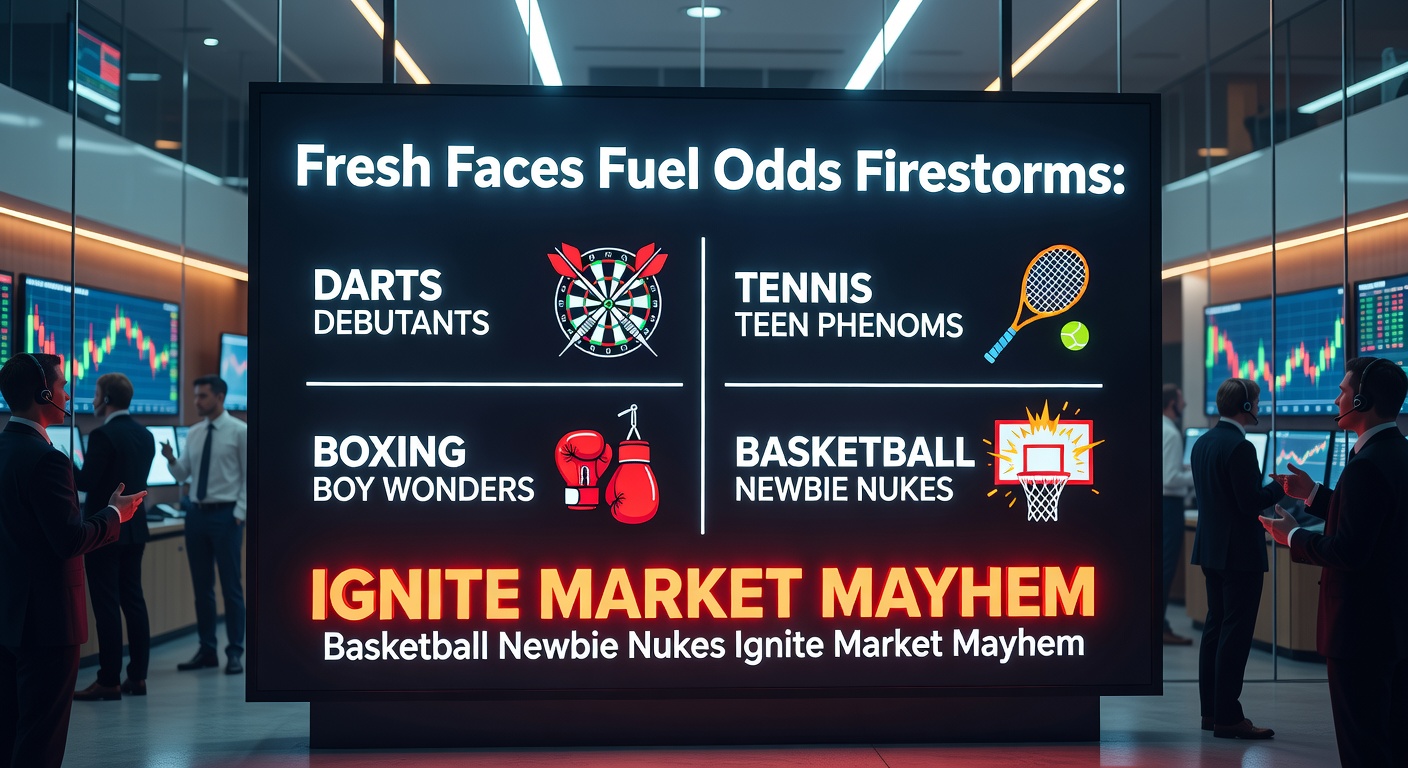 A young darts debutant intensely aiming at the board during a high-stakes match, with odds screens flickering in the background