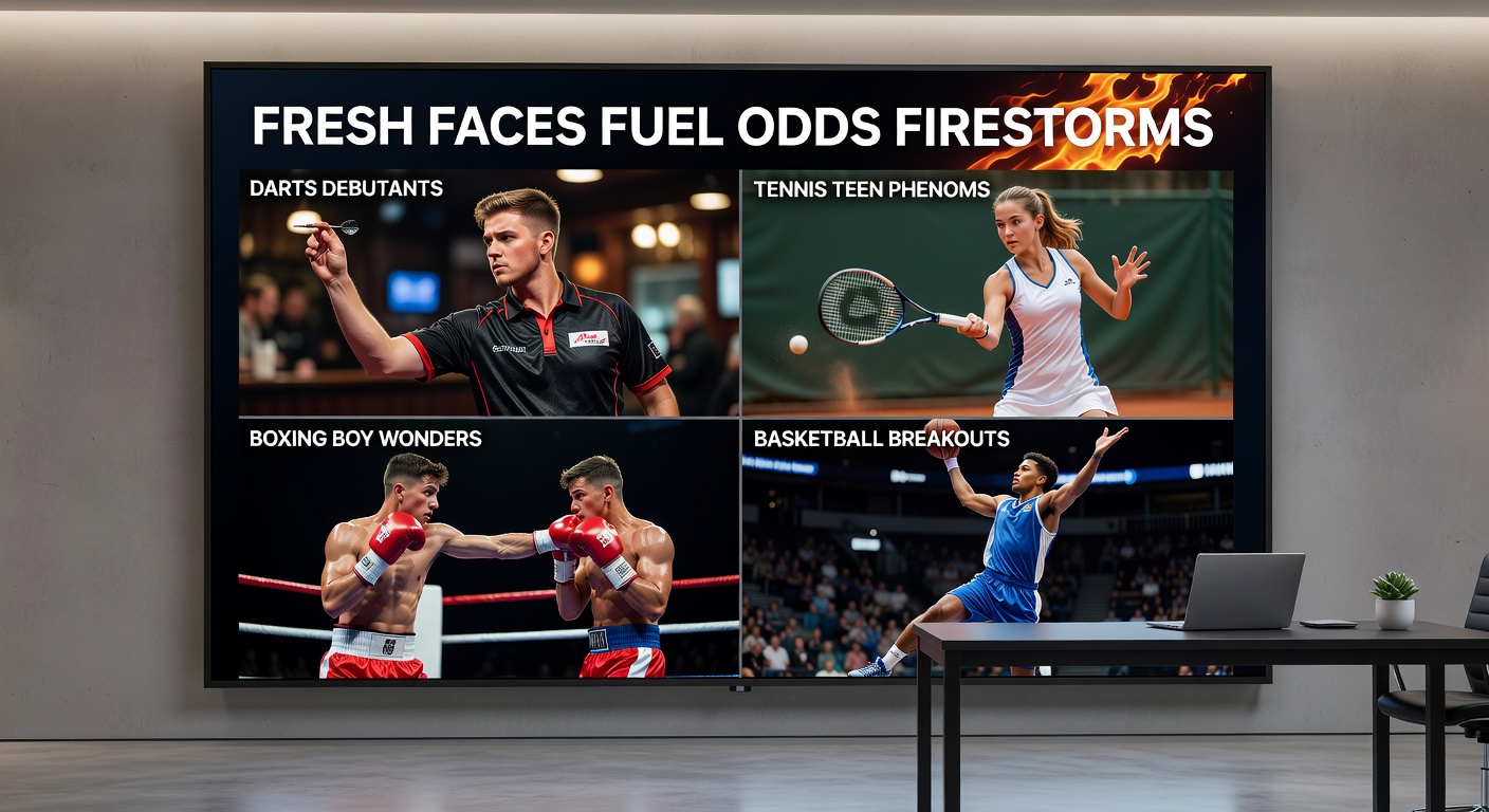 Teen tennis phenom mid-serve on a sunlit court, crowd blurred in excitement as betting odds overlay hints at shifting lines