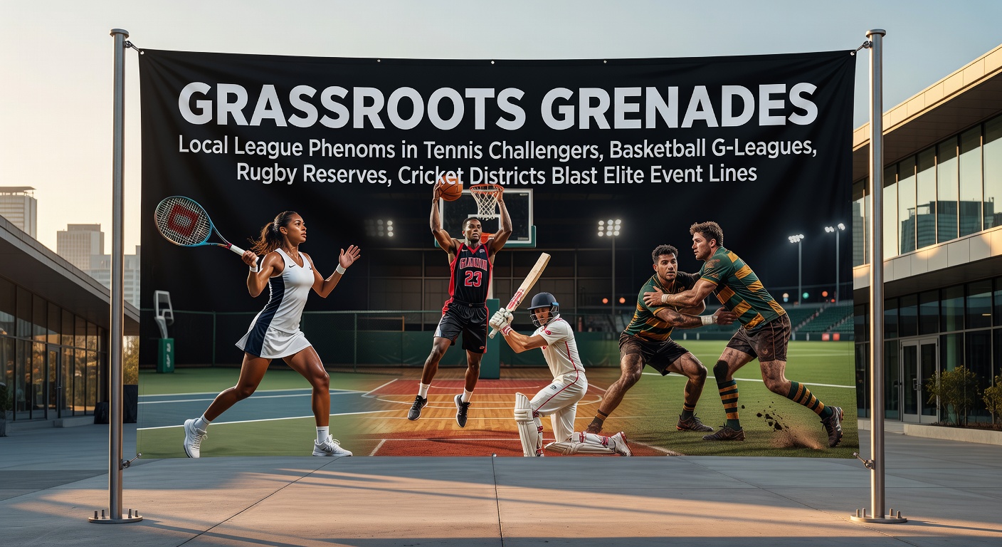 A rising tennis player from challengers circuit celebrating a key win on a sunlit court, racket raised high amid cheering crowds