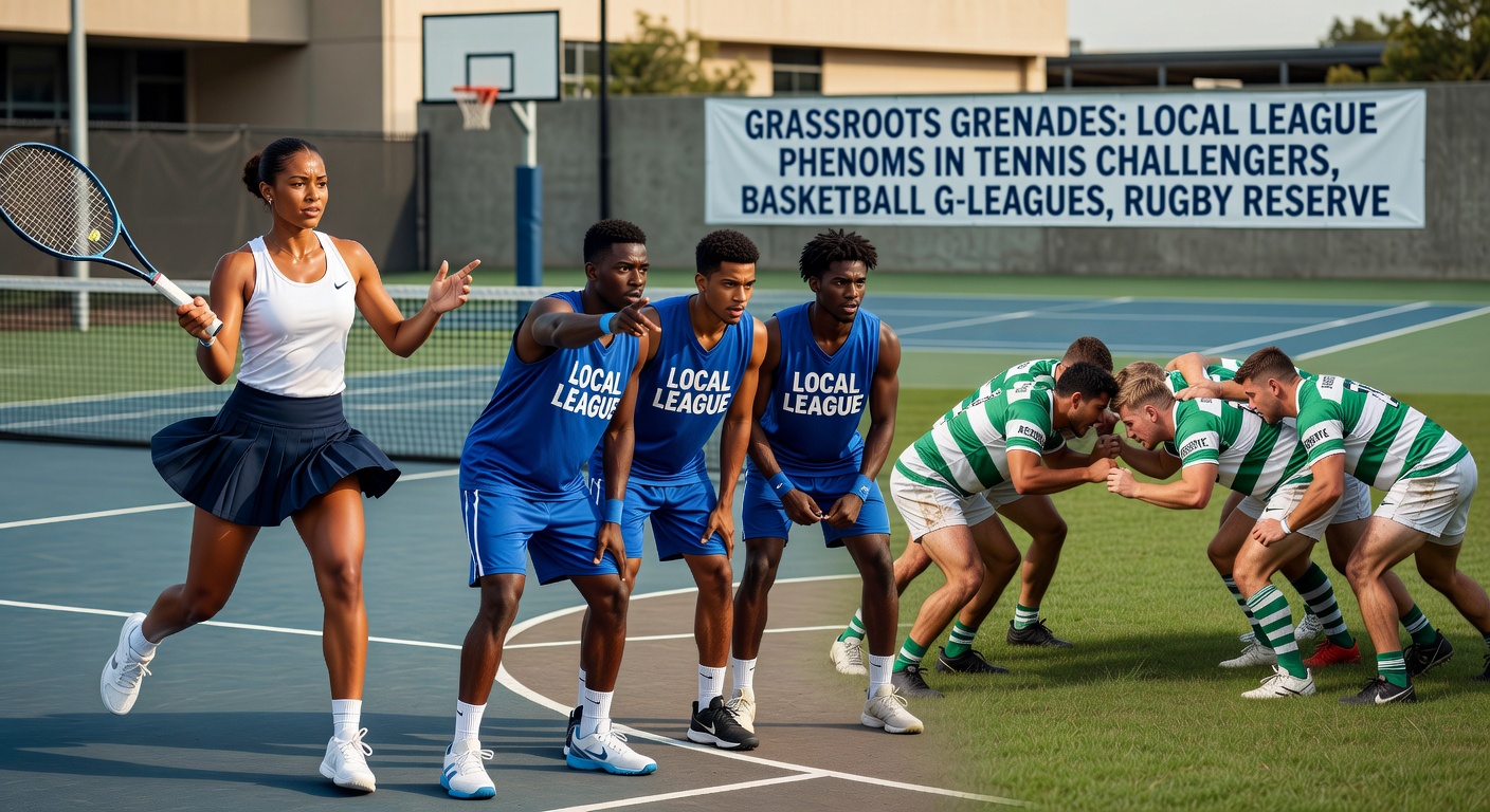 Dynamic basketball scene from G League action, a high-flying dunk shattering expectations in a packed arena under bright lights
