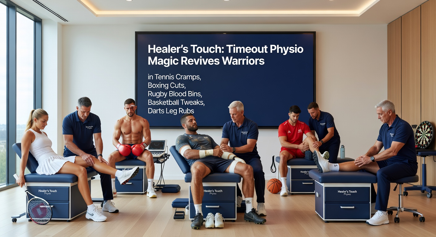 A tennis player receives on-court physio treatment during a cramp timeout, with the trainer massaging the leg amid intense match pressure