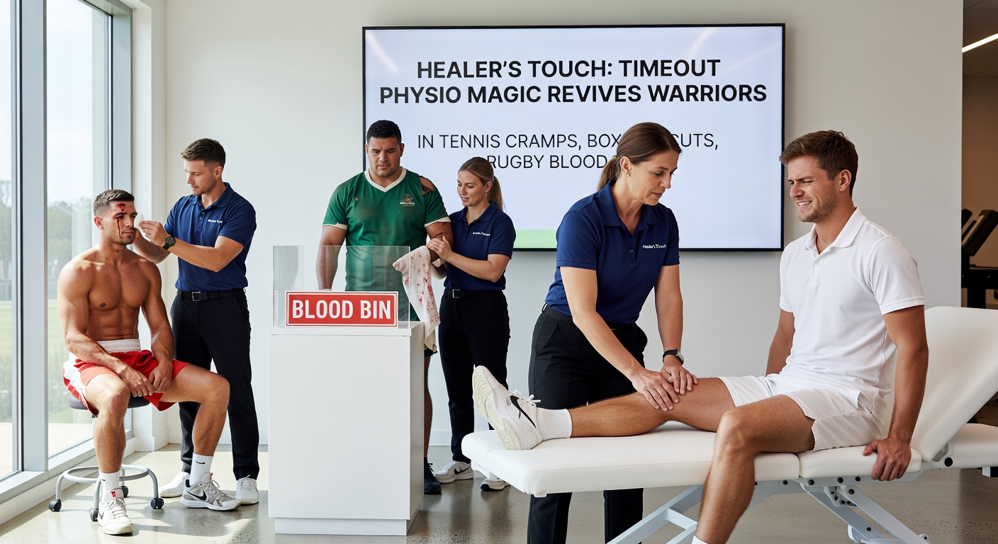 Rugby player in a blood bin receives urgent physio attention on the sideline, stitching a head wound while teammates hold the line