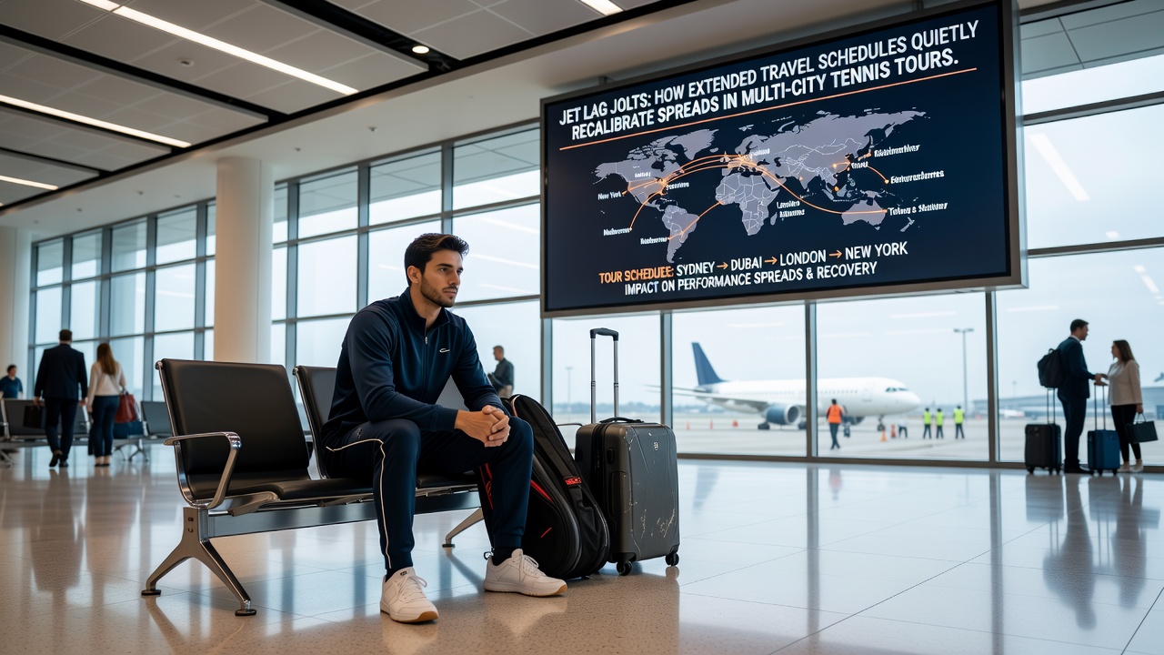 Golfers preparing on practice ranges after long-haul flights with focus on routine adjustments
