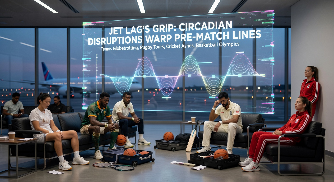 Tired tennis player jet-lagged on court after long-haul flight, adjusting to new time zone during global tournament