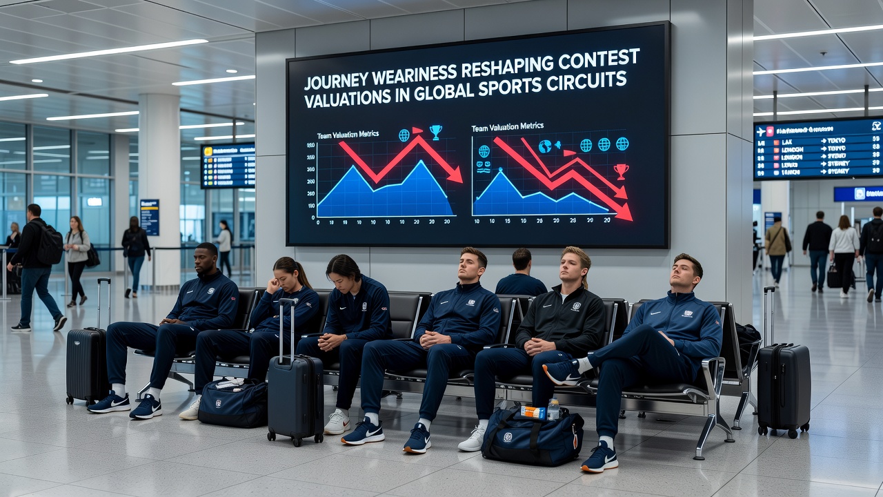 Coaches reviewing recovery data and travel logs during a team meeting ahead of an away fixture in a major sports league