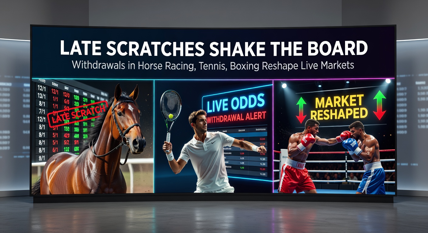 A tense moment at the starting gate in horse racing where a horse is scratched just before the race, causing bookmakers to scramble and adjust odds boards