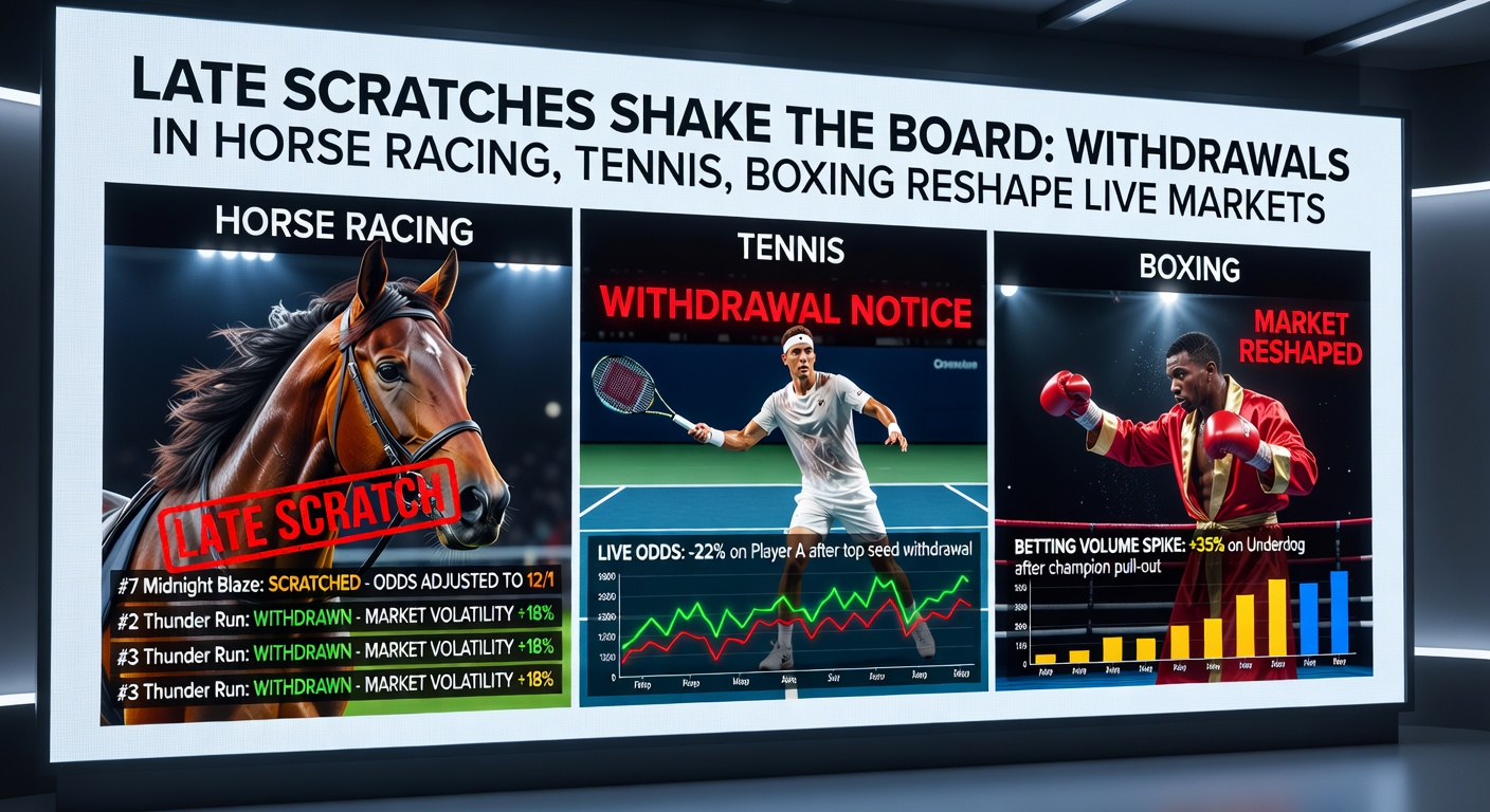 A tennis player walking off court mid-match due to injury during a high-stakes tournament, with odds screens in the background showing dramatic shifts