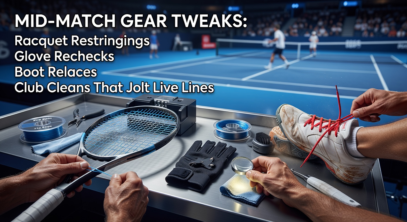 Tennis player mid-match adjusting racquet strings while crowd watches intently, odds screens flickering in background