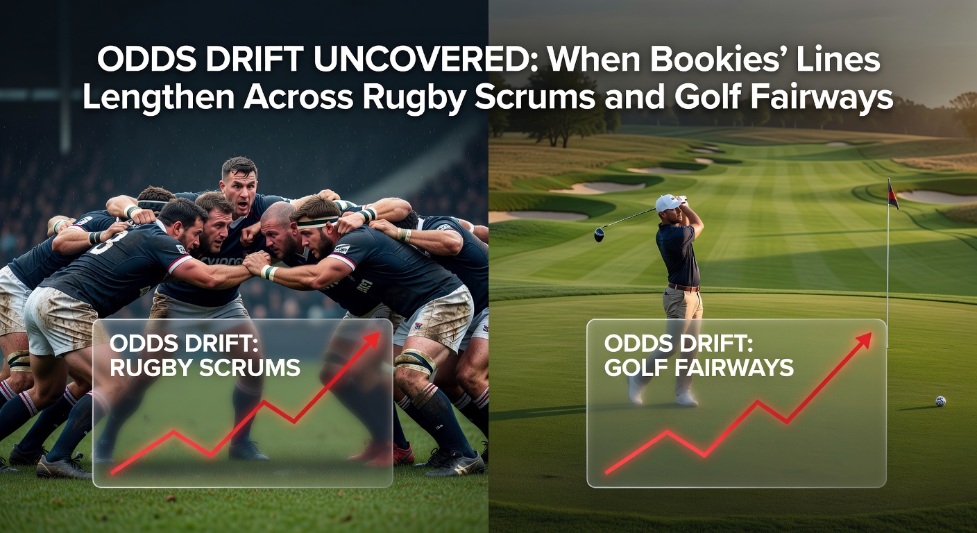 Golf fairway scene with overlaid odds drift chart during a tournament round, highlighting line movements