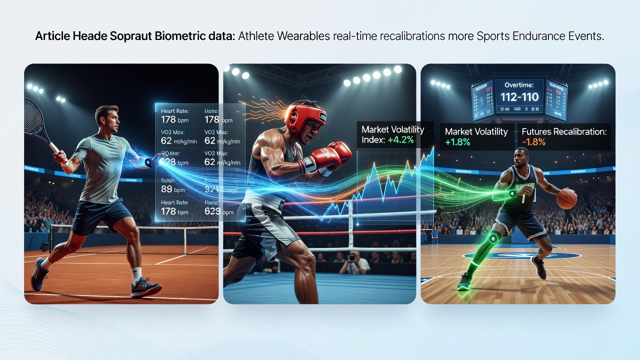 Athlete wearing biometric sensors during an intense tennis match with live data overlays