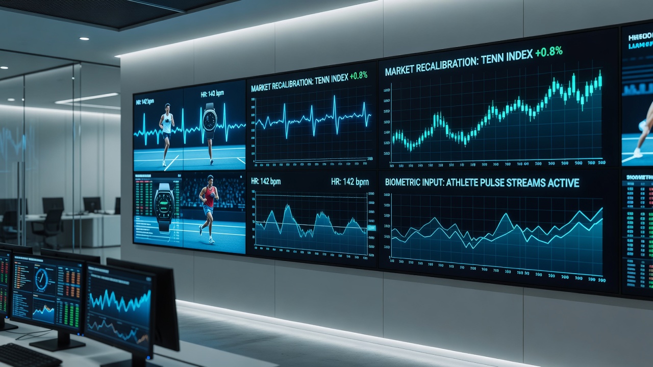 Boxer mid-fight with wearable heart rate monitor visible under gloves and data dashboard inset