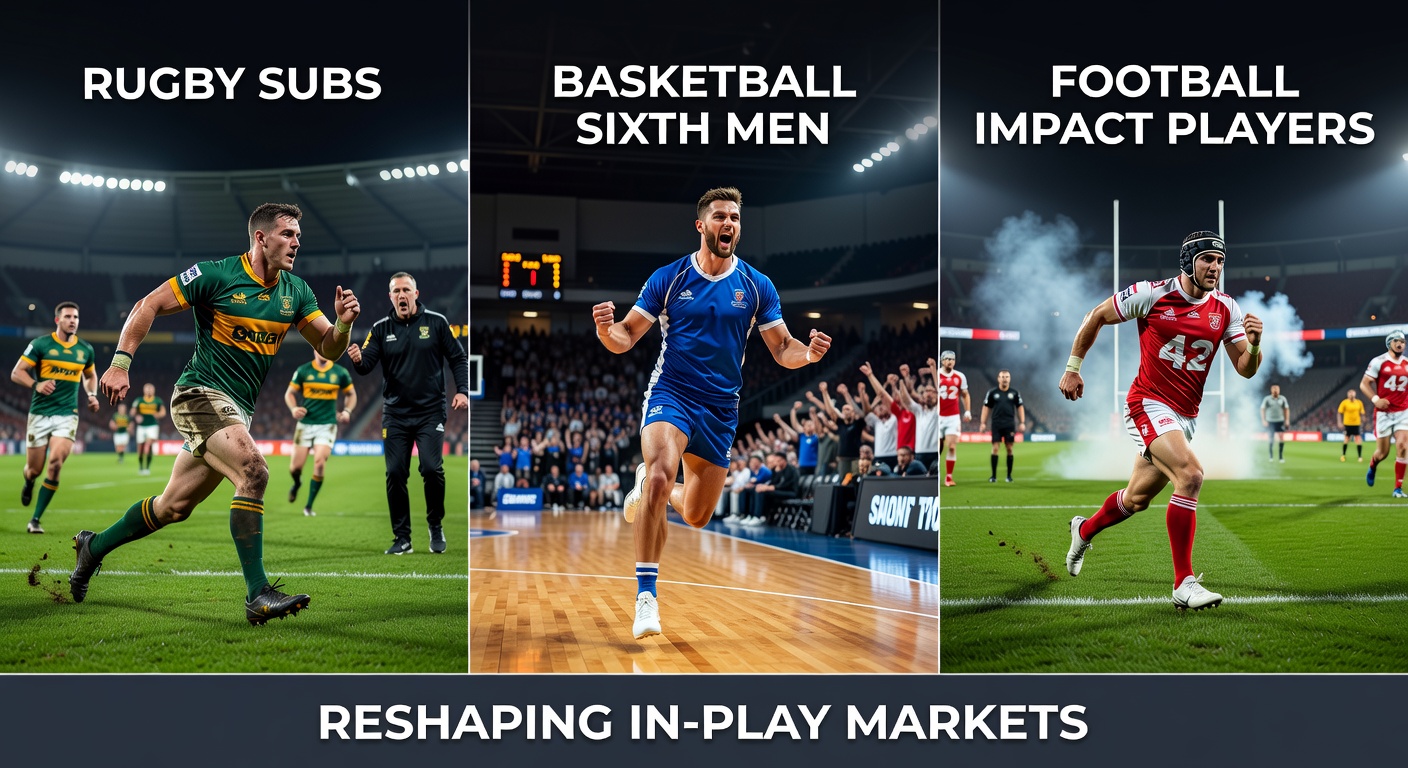 A rugby substitute sprints onto the pitch during a tense match, crowd roaring as odds boards flicker in the background