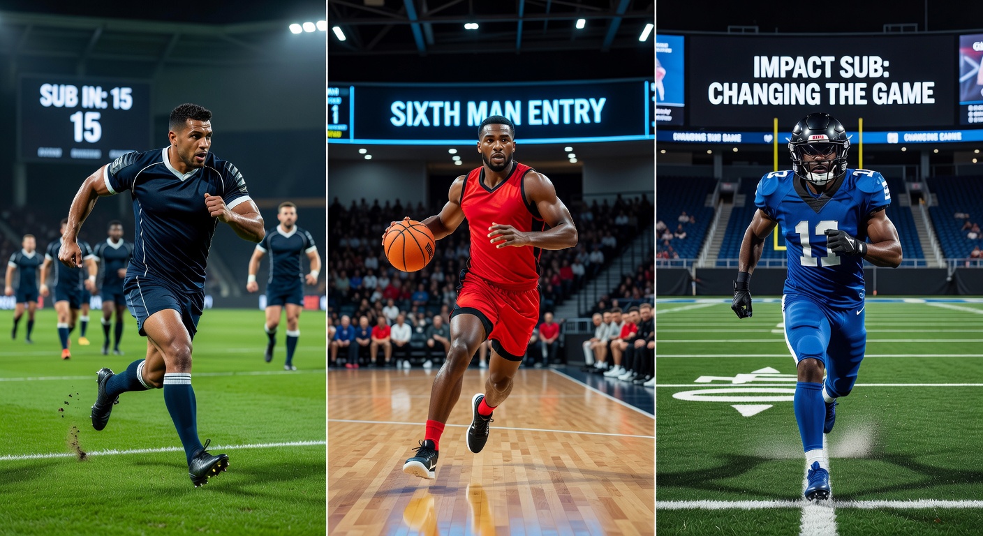 Basketball sixth man driving to the hoop amid a crowd of defenders, live betting odds updating on screens overhead