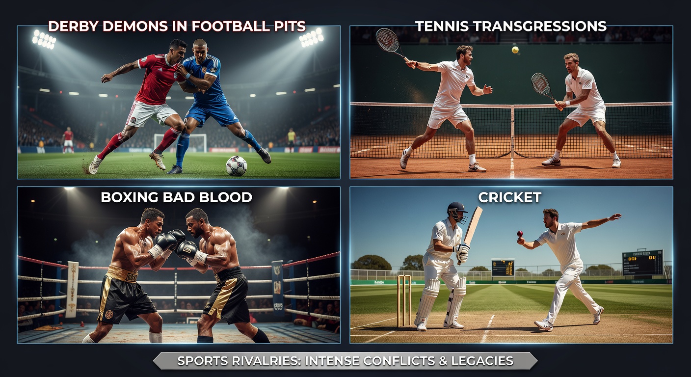 Tennis players locked in a fierce rivalry rally, sweat flying as the crowd erupts, illustrating how personal grudges alter pre-match betting markets