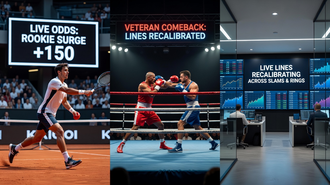 Boxing match in progress with veteran fighter landing a counterpunch while digital odds displays fluctuate courtside
