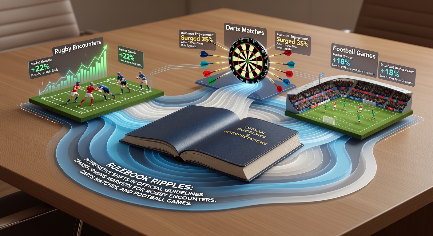 Officials reviewing rule interpretations during a rugby match with betting market indicators visible on digital displays