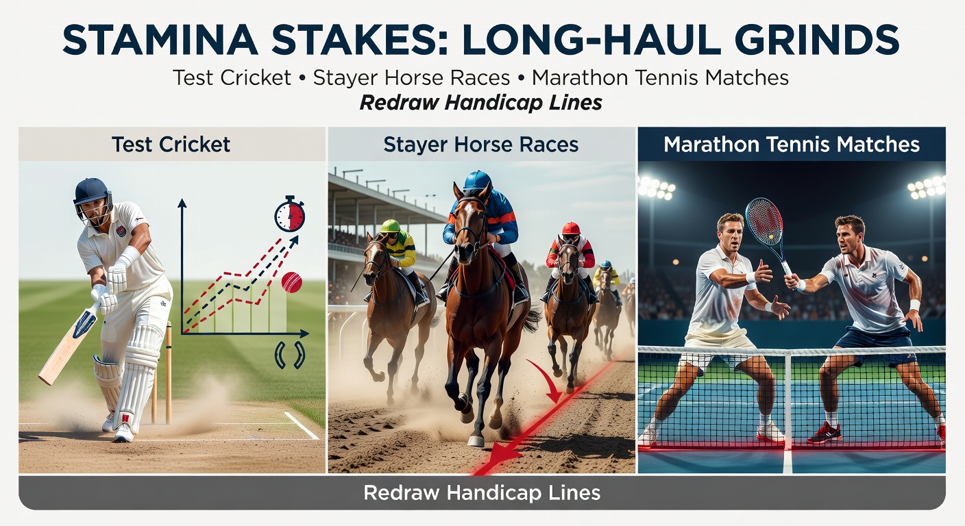 Enduring Test cricket batsman facing a grueling session on a wearing pitch, sweat visible under harsh lights as the crowd watches intently