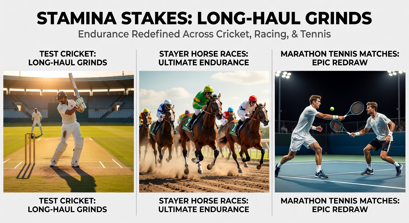 Stayer horse charging late in a long-distance race, kicking up turf as it overtakes tiring frontrunners under straining jockey