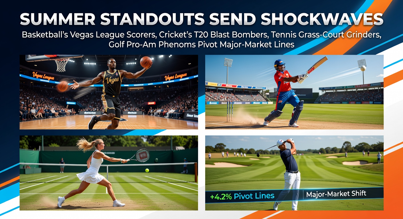 Vibrant summer sports action: basketball players dunking in Vegas lights, cricket bats smashing sixes under floodlights, tennis players sliding on grass courts, and golfers sinking putts amid pro-am crowds