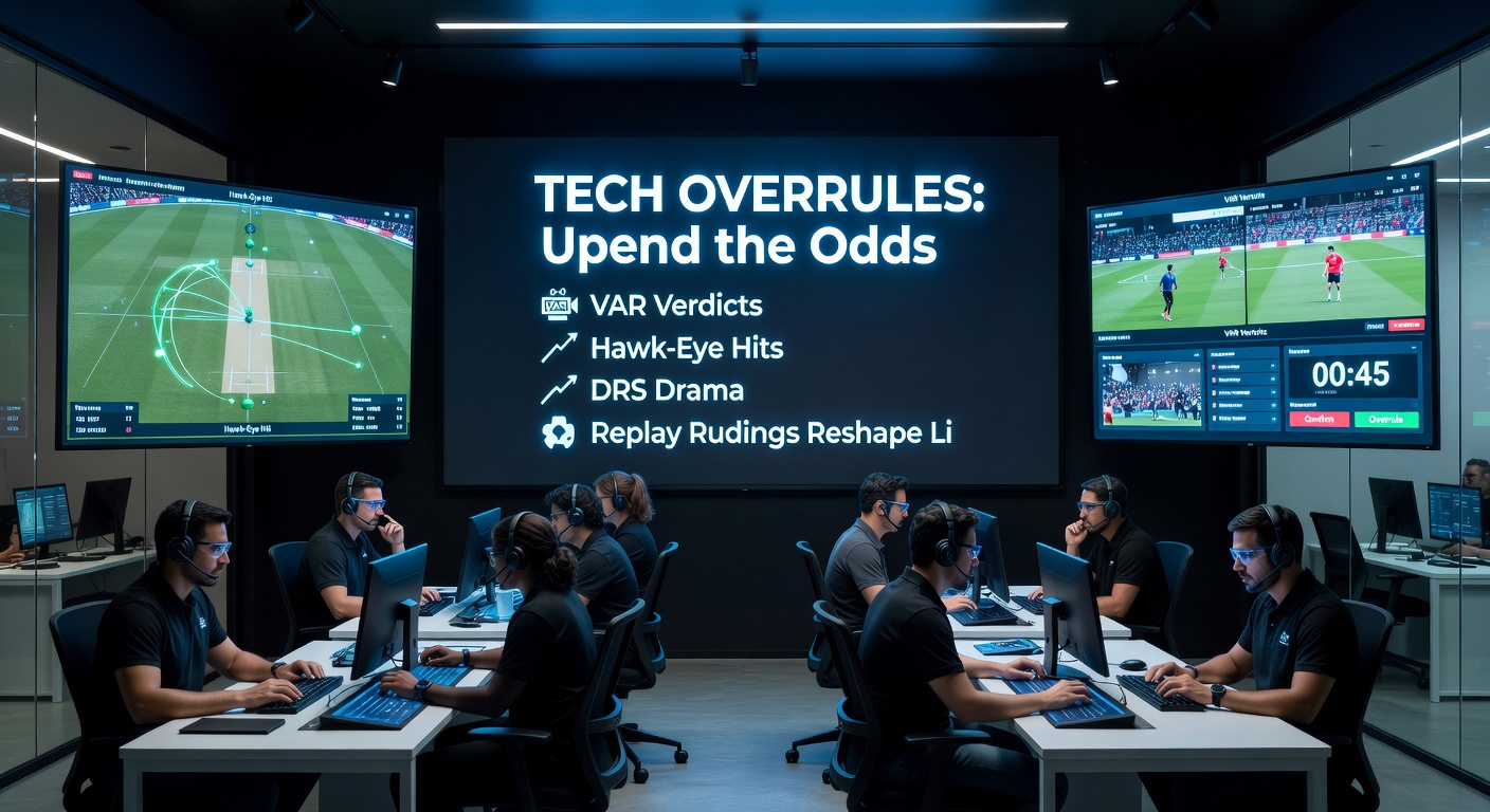 Cricket umpire checking DRS replay on a LBW decision during an IPL night game, with the batsman waiting and crowd on edge