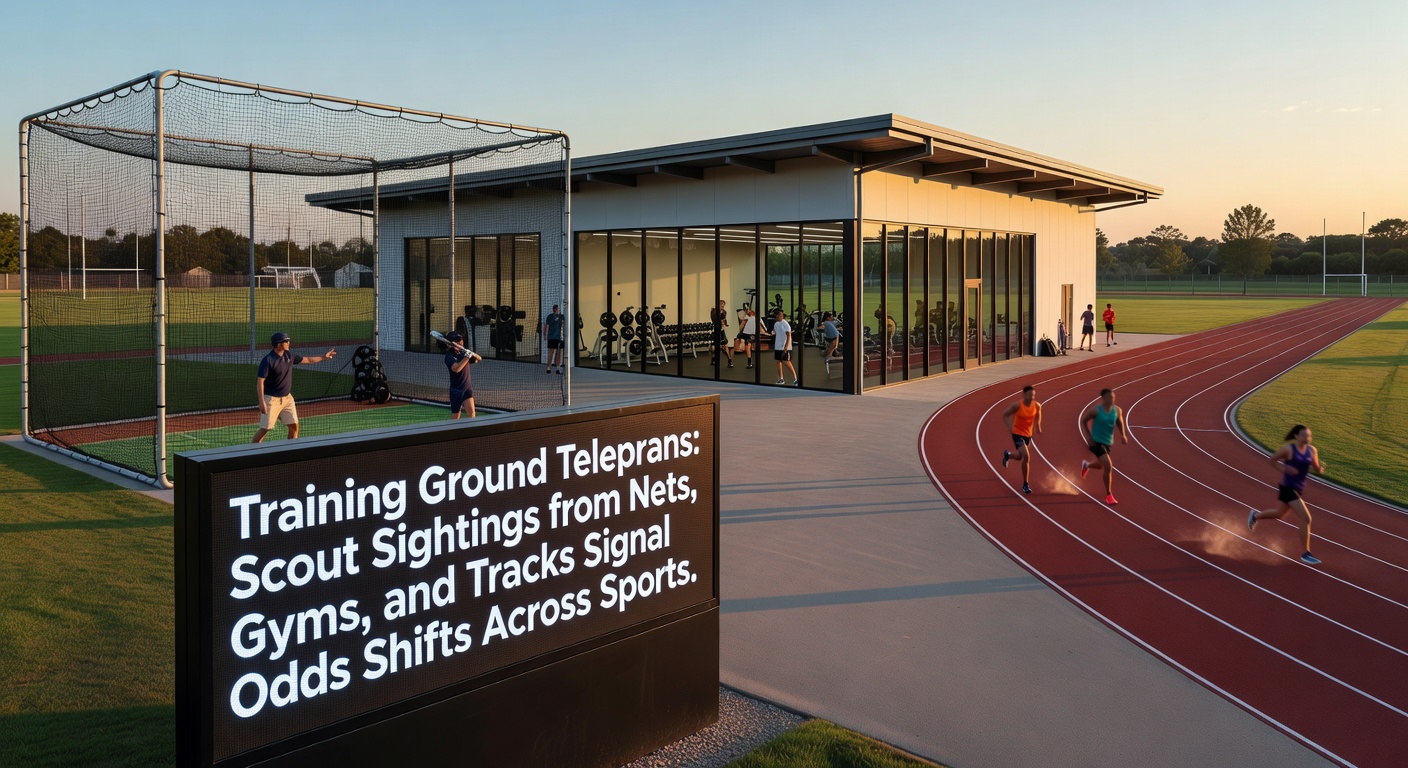 Scouts observing intense horse training sessions on a misty track at dawn, binoculars in hand as trainers clock splits