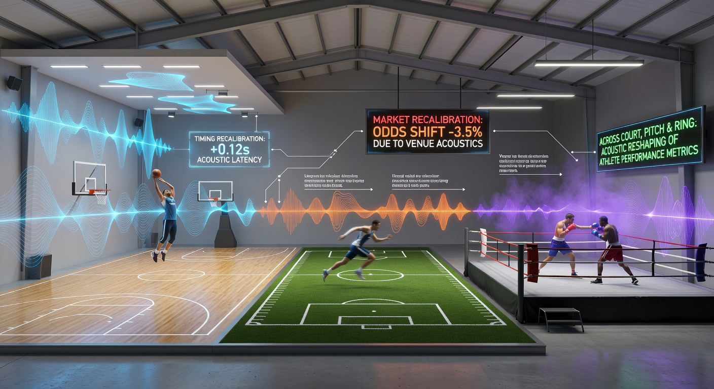 Boxing ring surrounded by a vocal crowd with visible sound wave overlays indicating acoustic impact