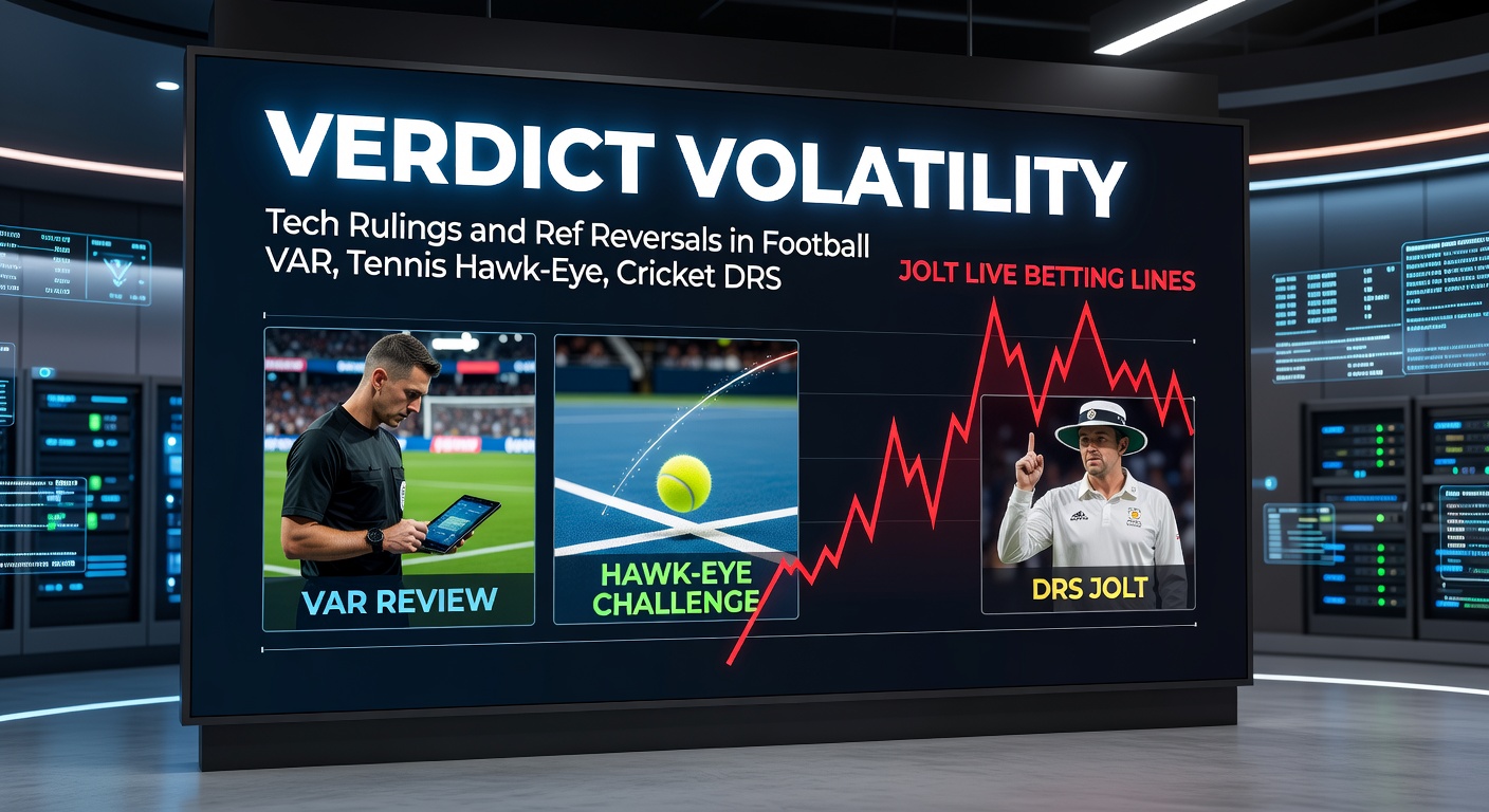 Football referee reviews VAR footage on pitchside monitor during intense Premier League match, players gesturing in background as crowd watches tensely