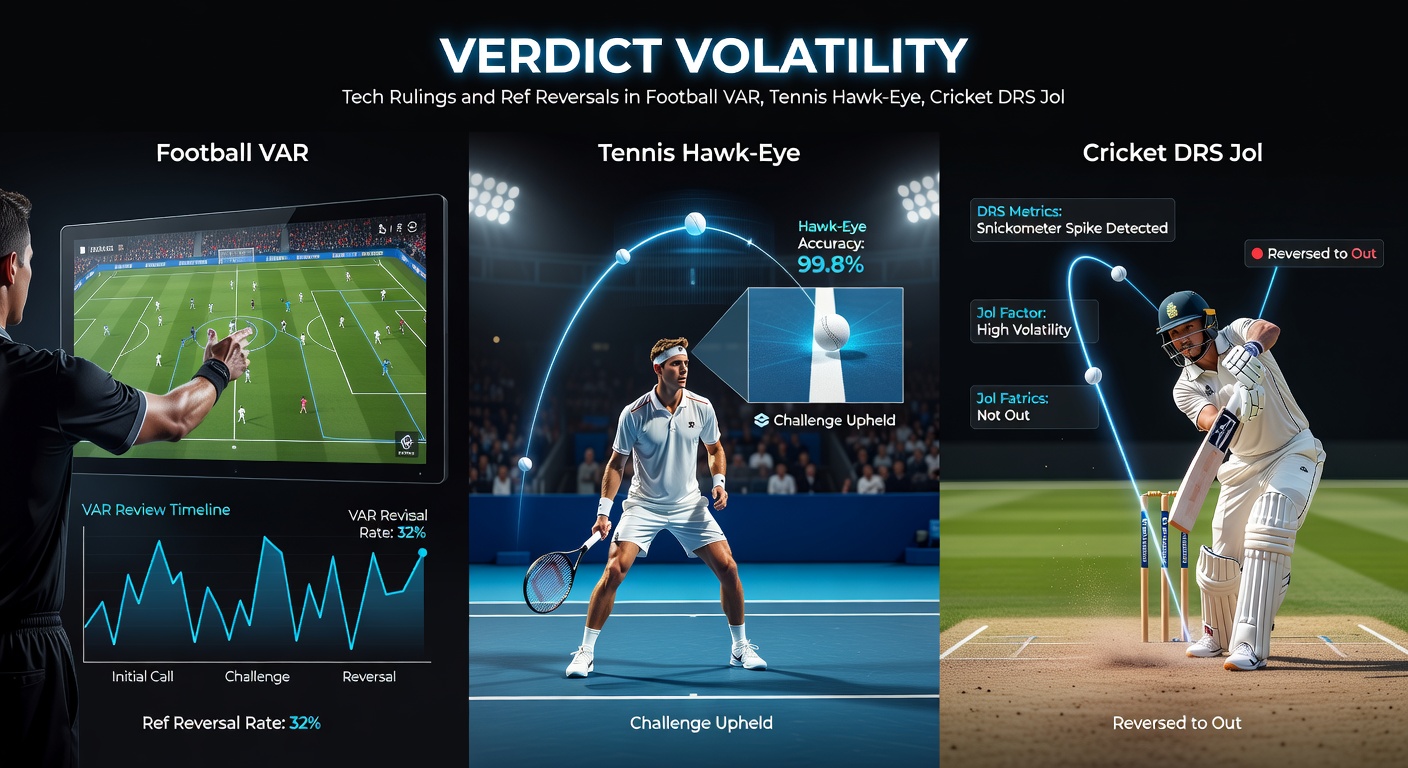 Cricket umpire signals DRS review on big screen during Test match, bowler appeals as batsman waits, trajectory graphic overlays the pitch