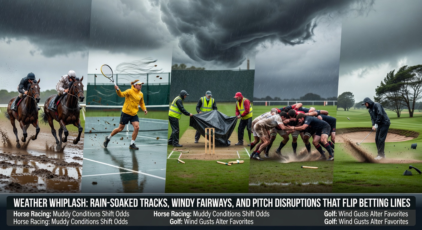 A horse racing track turned muddy under heavy rain, with jockeys navigating slippery conditions while crowds watch intently