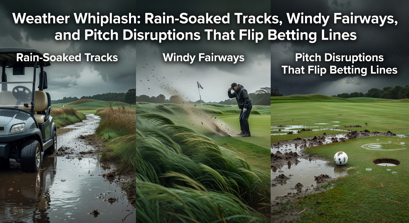 Golfers battling fierce winds on a coastal fairway, balls veering off course amid dark storm clouds gathering overhead