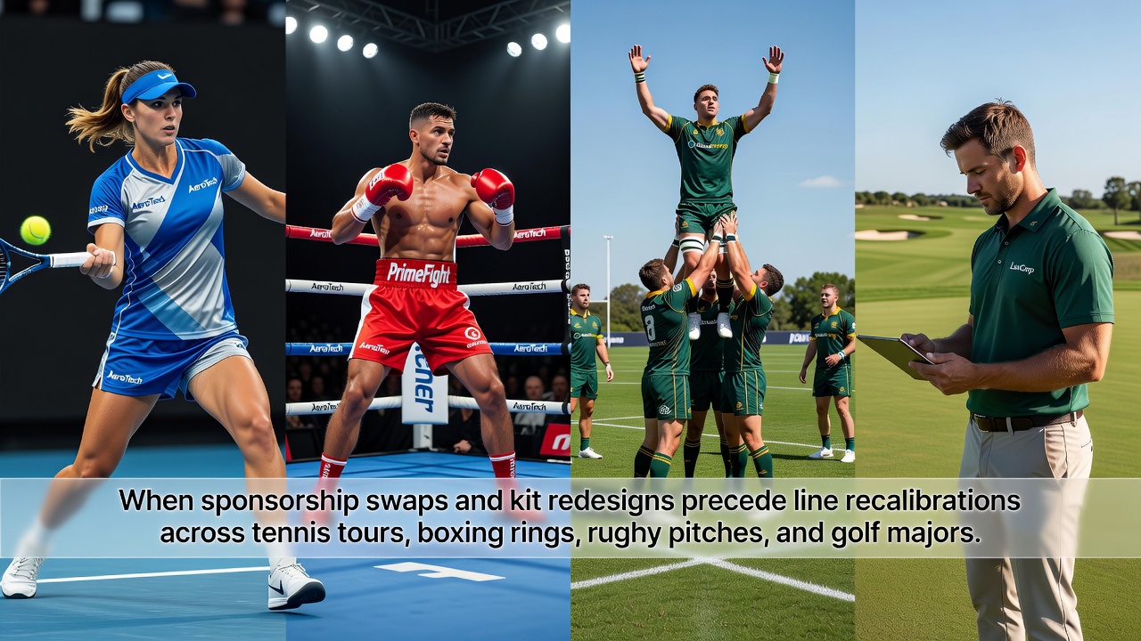 Sponsorship logos and redesigned kits displayed on tennis courts, boxing rings, rugby fields, and golf courses during major events
